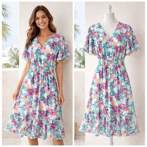 Stella & Julie Tropical Floral Midi Dress Smocked Waist Flutter Sleeve Sz 8